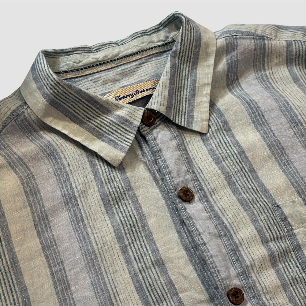 Tommy Bahama Men's XL 100% Linen‎ Blue Striped Short Sleeve Button Up Shirt